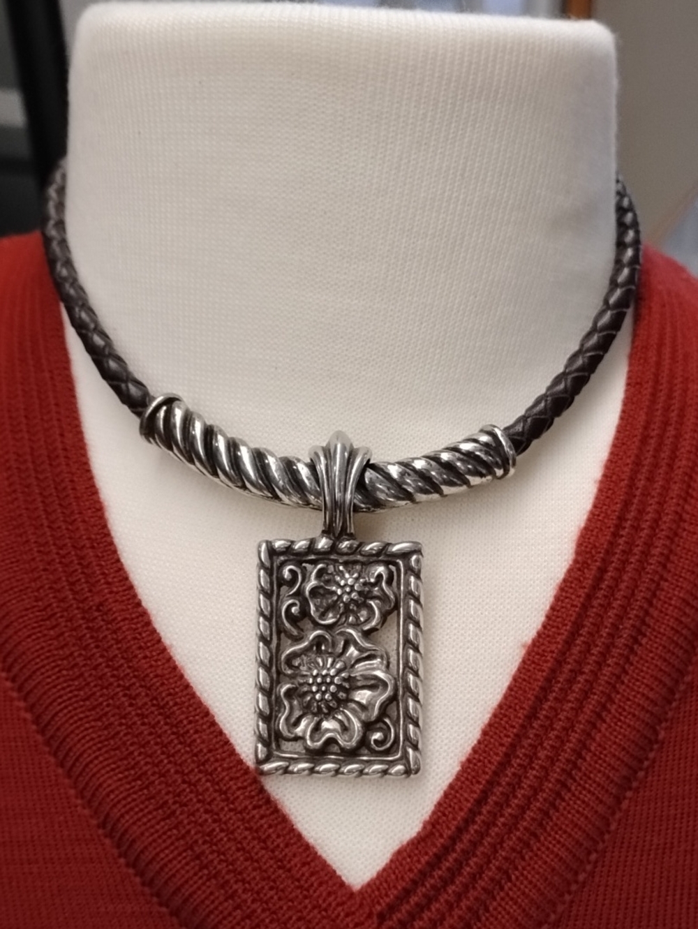 Silver Floral Rectangular Pendant Necklace on Black Braided Cord